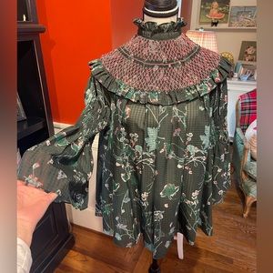 TUCKERNUCK Blouse, smocked neck and wrists, green and pink, worn one time!